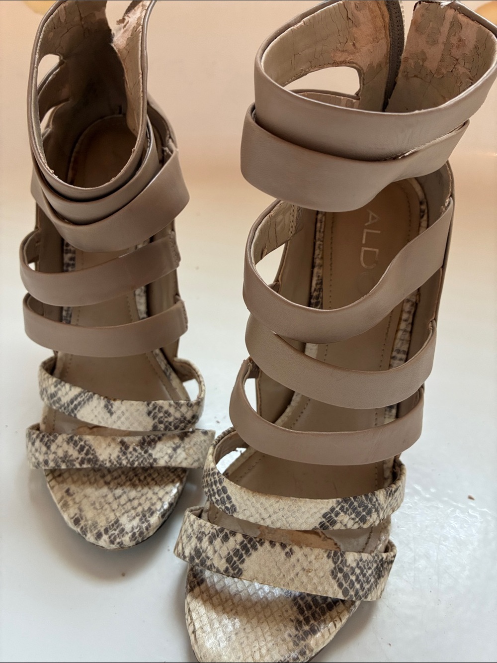 Aldo Taupe Strappy Heels with Snakeskin Accent